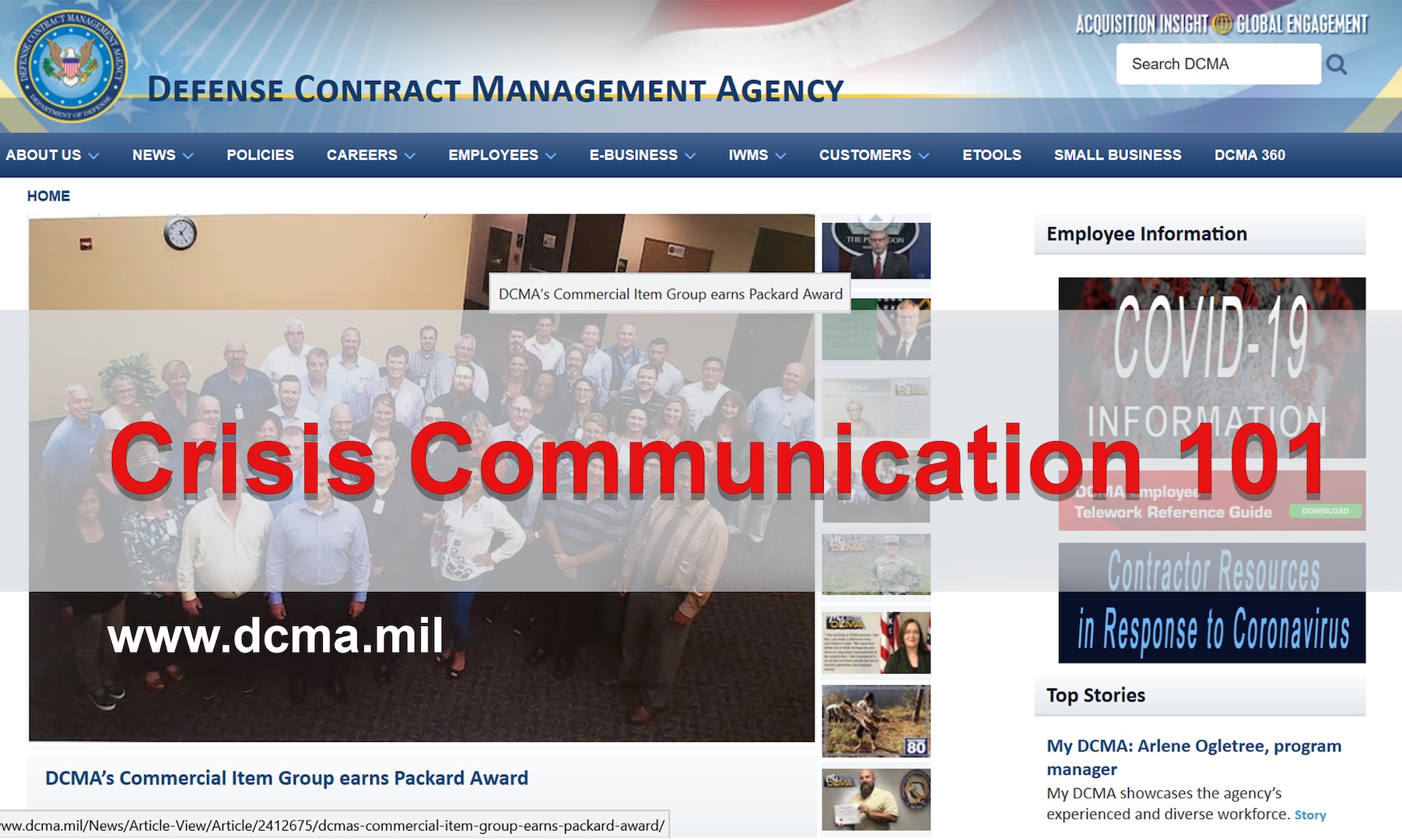 Graphic of DCMA homepage and text "Crisis Communication 101" in bold red.
