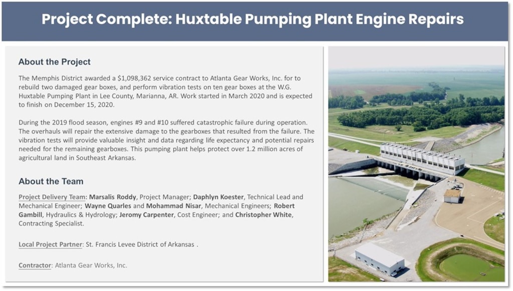 Engines at Memphis District’s Huxtable and Graham Burke Pumping Plants needed extensive repairs to return the plants to full operation. Two service contracts were awarded and the Project Delivery Team, along with its local partners, has successfully reached project completion on both. Contrgatualtions Team.