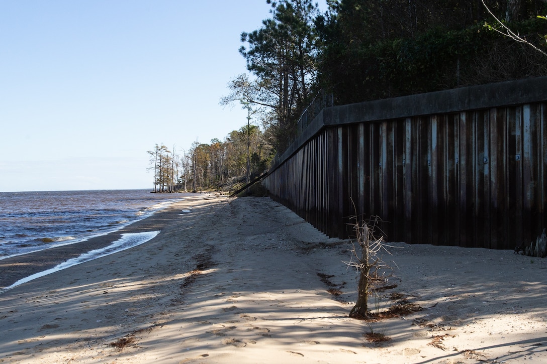 A seawall stands along the shores of Marine Corps Air Station Cherry Point, North Carolina, Nov. 5, 2020