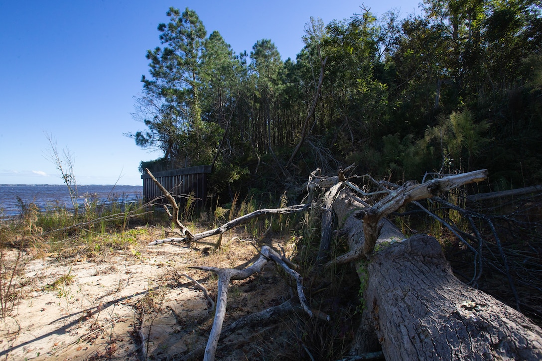 Damage from Hurricane Florence is pictured along the shores of Marine Corps Air Station Cherry Point, North Carolina, Nov. 5, 2020.