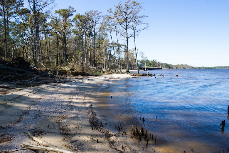 The water’s current moves toward land in Marine Corps Air Station Cherry Point, North Carolina, Nov. 5, 2020. Records show the Neuse shoreline had suffered significant erosion, receding more than 20 feet, since the late 1990s