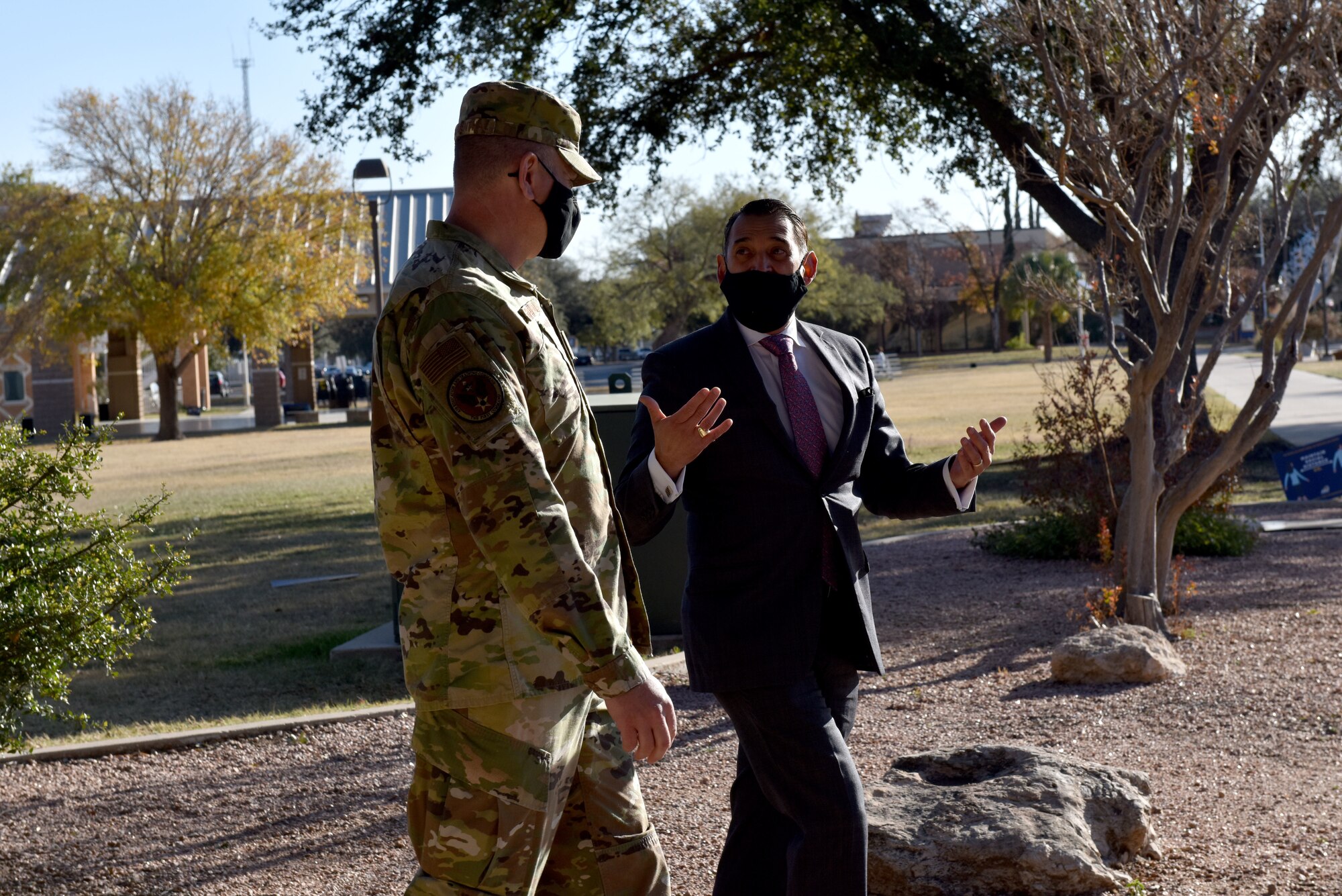 Affairs and Enrollment Management Dr. Javier Flores, while touring parts of Angelo State University that Airmen staying in dorms have access to at ASU in San Angelo, Texas, Dec. 2, 2020. Students staying in dorms at ASU have access to common areas, the cafeteria and gym. (U.S. Air Force photo by Staff Sgt. Seraiah Wolf)
