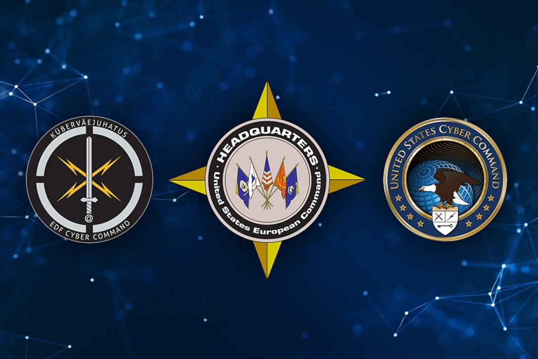 The logos of the Estonian Defense Forces' Cyber Command, U.S. European Command and U.S. Cyber Command.