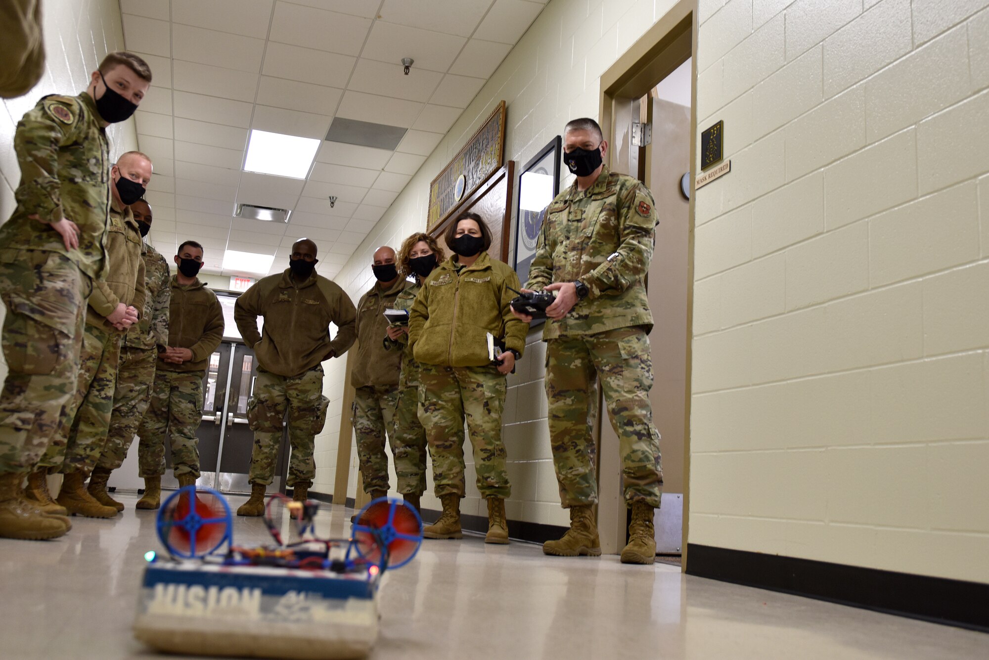 U.S. Air Force Maj. Gen. William Spangenthal, Air Education and Training Command deputy commander, operates a hover board at the 312th Training Squadron Special Instruments Training area in the Department of Defense Louis F. Garland Fire Academy on Goodfellow Air Force Base, Texas, Dec. 1, 2020. During the tour, Spangenthal experienced firsthand some of the training students go through to become DoD certified firefighter in the United States military.  (U.S. Air Force photo by Staff Sgt. Seraiah Wolf)