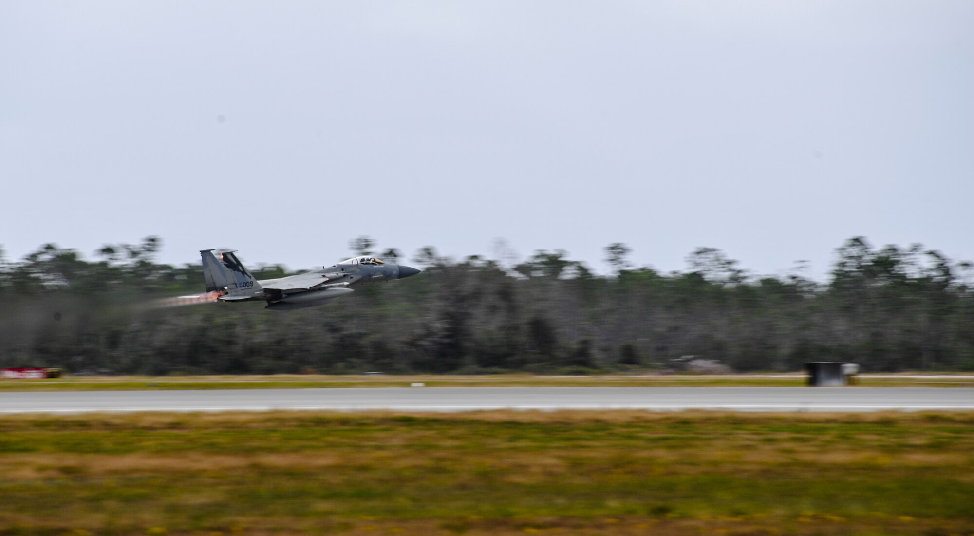 A U.S. Air Force F-15C Eagle fighter jet from the 194th Fighter Squadron, Fresno Air National Guard Base, California