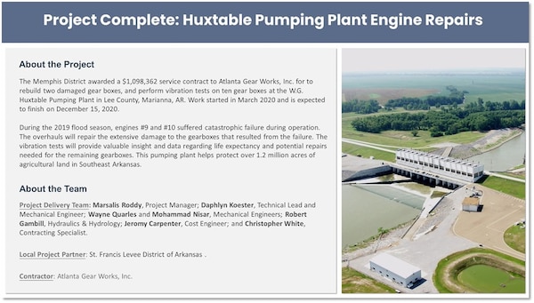 Engines at Memphis District’s Huxtable and Graham Burke Pumping Plants needed extensive repairs to return the plants to full operation. Two service contracts were awarded and the Project Delivery Team, along with its local partners, has successfully reached project completion on both. Contrgatualtions Team.