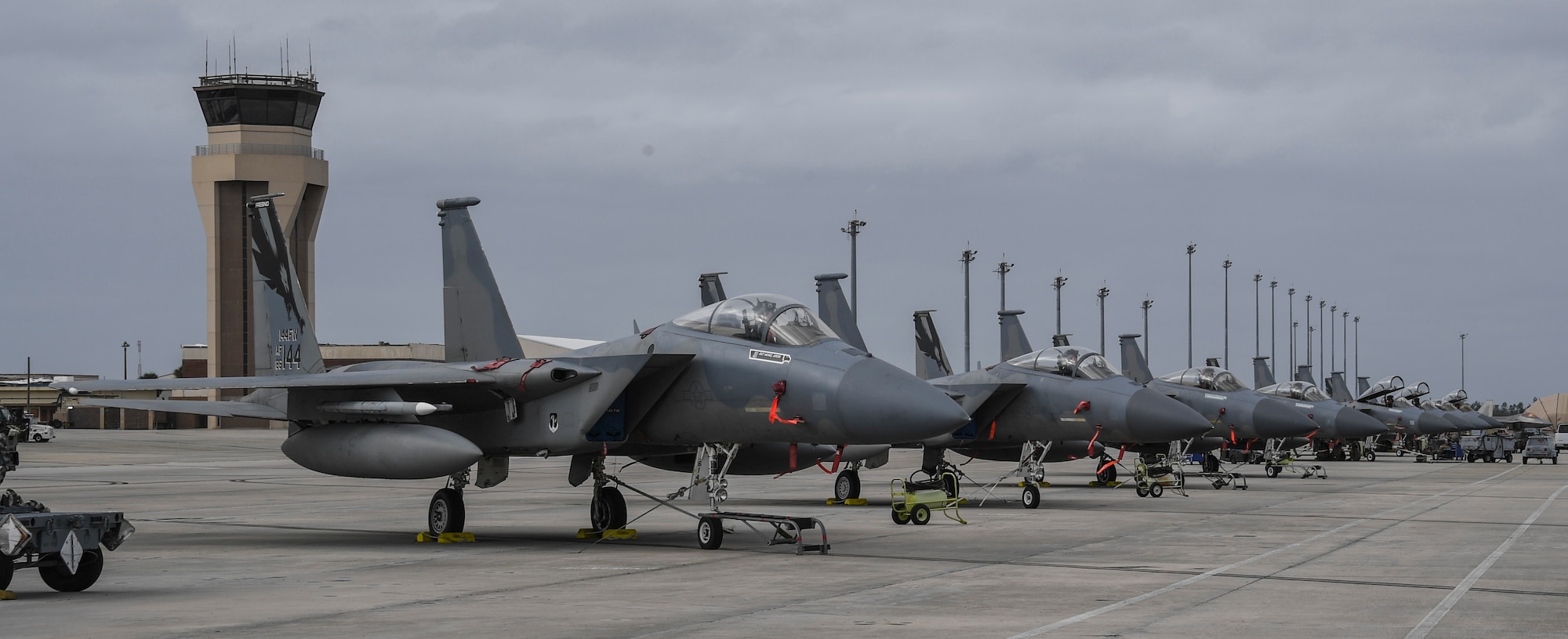 U.S. Air Force F-15C Eagle fighter jet from the 194th Fighter Squadron, Fresno Air National Guard Base, California, sit on the run way during downtime for Checkered Flag at Tyndall Air Force Base, Florida, Nov. 9, 2020.