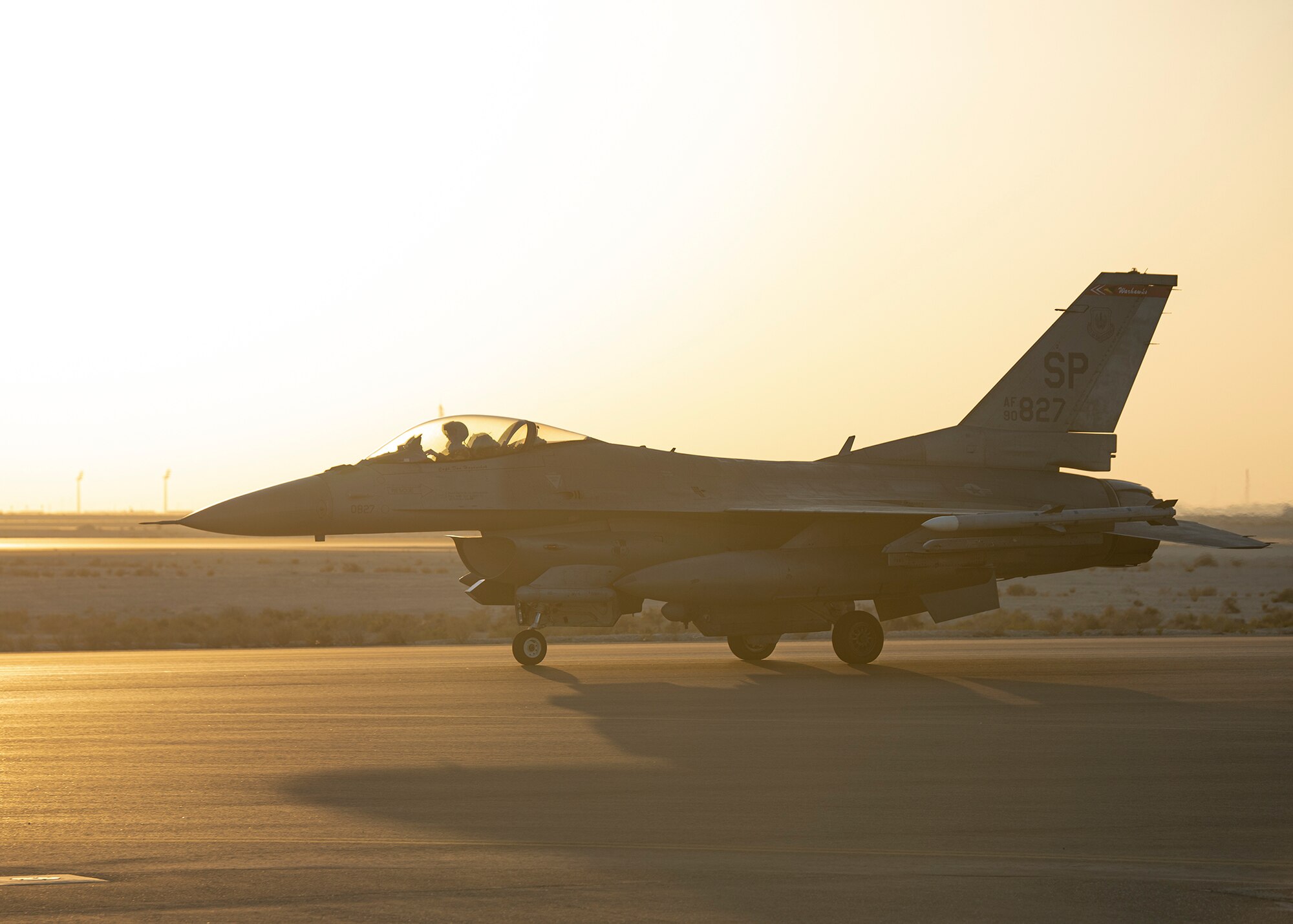 A U.S. Air Force F-16 Fighting Falcon assigned to the 480th Expeditionary Fighter Squadron taxis at Al Dhafra Air Base, United Arab Emirates, Dec. 2, 2020. The dynamic deployment of the detachment of F-16s and squadron personnel from Spangdahlem Air Base, Germany, was the first for U.S. Central Command since F-16s from Aviano Air Base, Italy, deployed in October 2019. (U.S. Air Force photo by Senior Airman Bryan Guthrie)