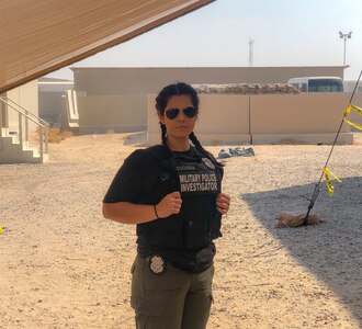 Spc. Alexandria Cochran Kansas City's 1139th Military Police Company, poses in her duty uniform while assigned as a Military Police Investigator deployed in support of the CENTCOM area of operations.