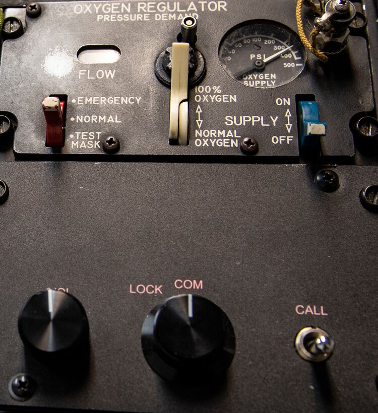 A console stands in an altitude chamber awaiting to be used to breathe life into anyone who needs to use it on Nov. 23, 2020, Laughlin Air Force Base, Texas. The altitude chamber demonstrates in a safe environment what an individual's reaction to oxygen deprivation is, so they can know what it feels like for future situations. (U.S. Air Force photo by Airman 1st Class David Phaff)