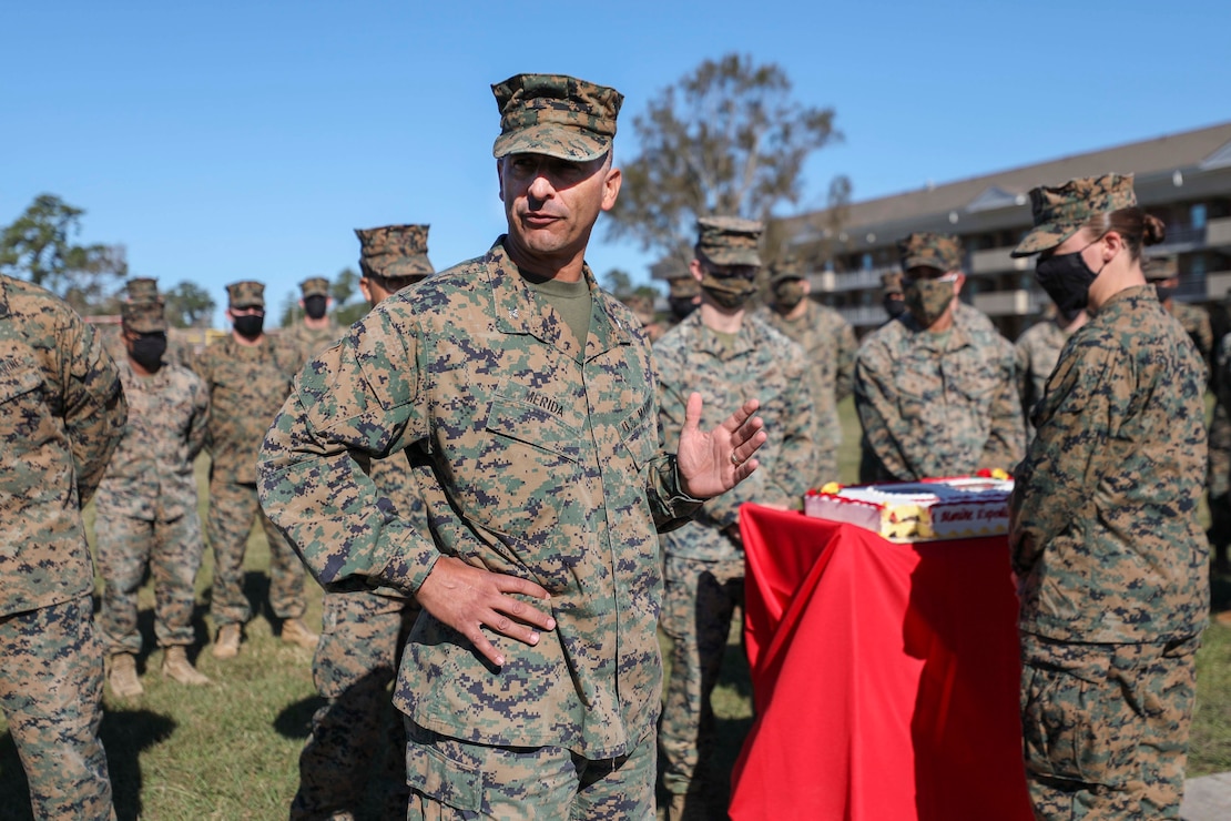 U.S. Marines and Sailors with the 22nd Marine Expeditionary Unit commemorate the 245th Birthday of the United States Marine Corps with a cake cutting ceremony and reading of General John A. Lejeune's birthday message aboard Camp Lejeune, N.C., Nov. 20, 2020. (U.S. Marine Corps photos by Cpl. Tawanya Norwood)