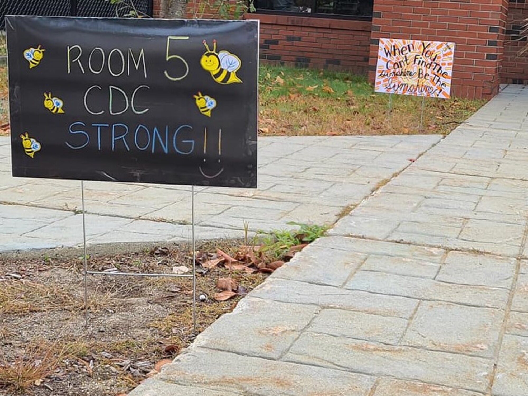 Staff and attendees created signs of encouragement outside the Hanscom Air Force Base, Mass., Child Development Center earlier this year. Officials from the 66th Force Support Squadron are working to expand child care options for members of the Hanscom community during COVID-19. (Courtesy Photo)