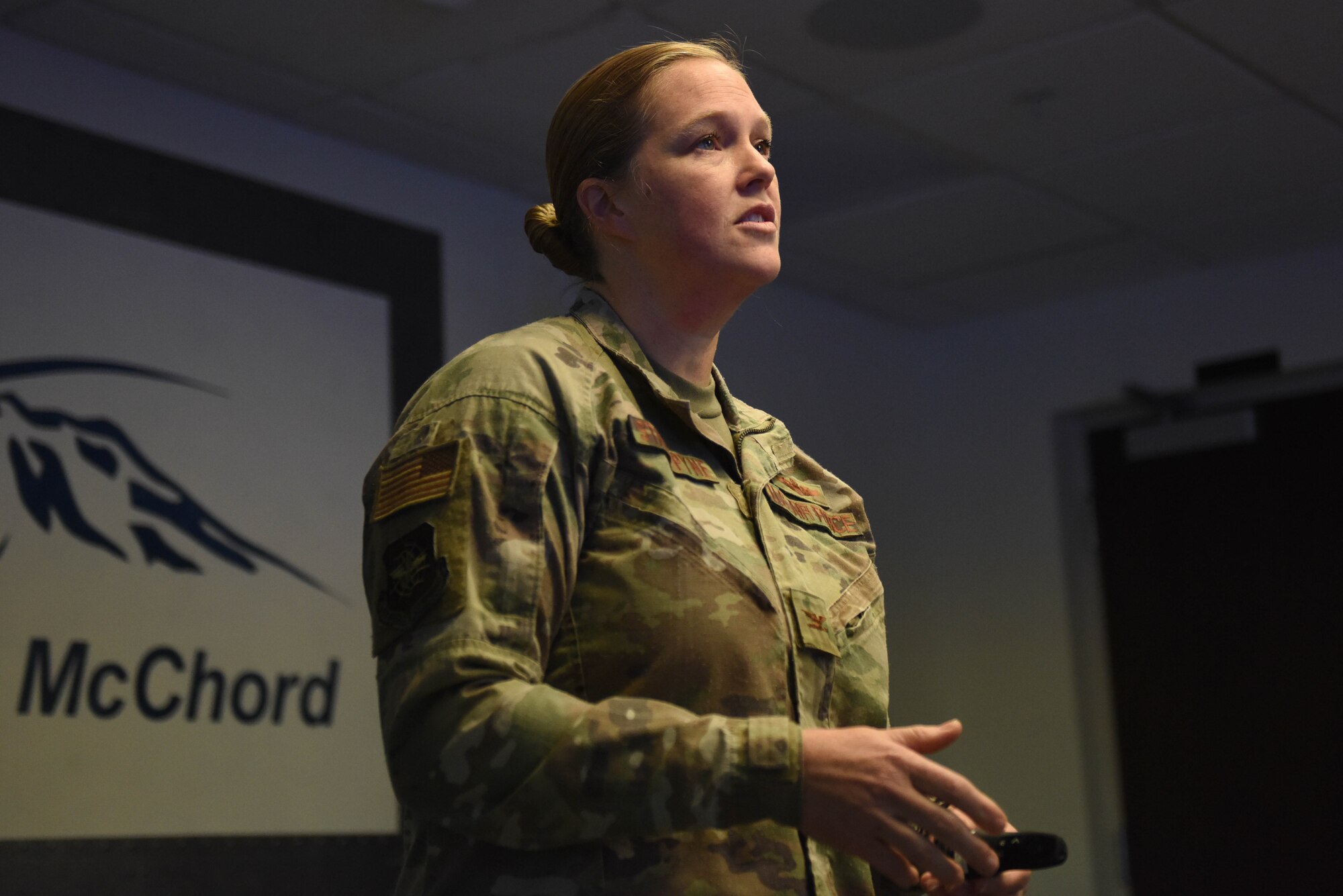 U.S. Air Force Col. Erin Staine-Pyne, 62nd Airlift Wing commander, delivers remarks during Wingman Day at Joint Base Lewis-McChord, Wash., Nov. 20, 2020. Wingman Day aims to build resilient Airmen through mental, physical, social and spiritual fitness. (U.S. Air Force photo by Airman 1st Class Callie Norton)