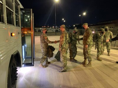 Maj. Gen. Daniel R. Walrath, U.S. Army South commanding general and Command Sgt. Maj. Trevor C. Walker, U.S. Army South command sergeant major greeted Army South personnel Dec. 3, 2020 returning from Honduras in support of the multinational disaster relief efforts following Hurricanes Eta and Iota.