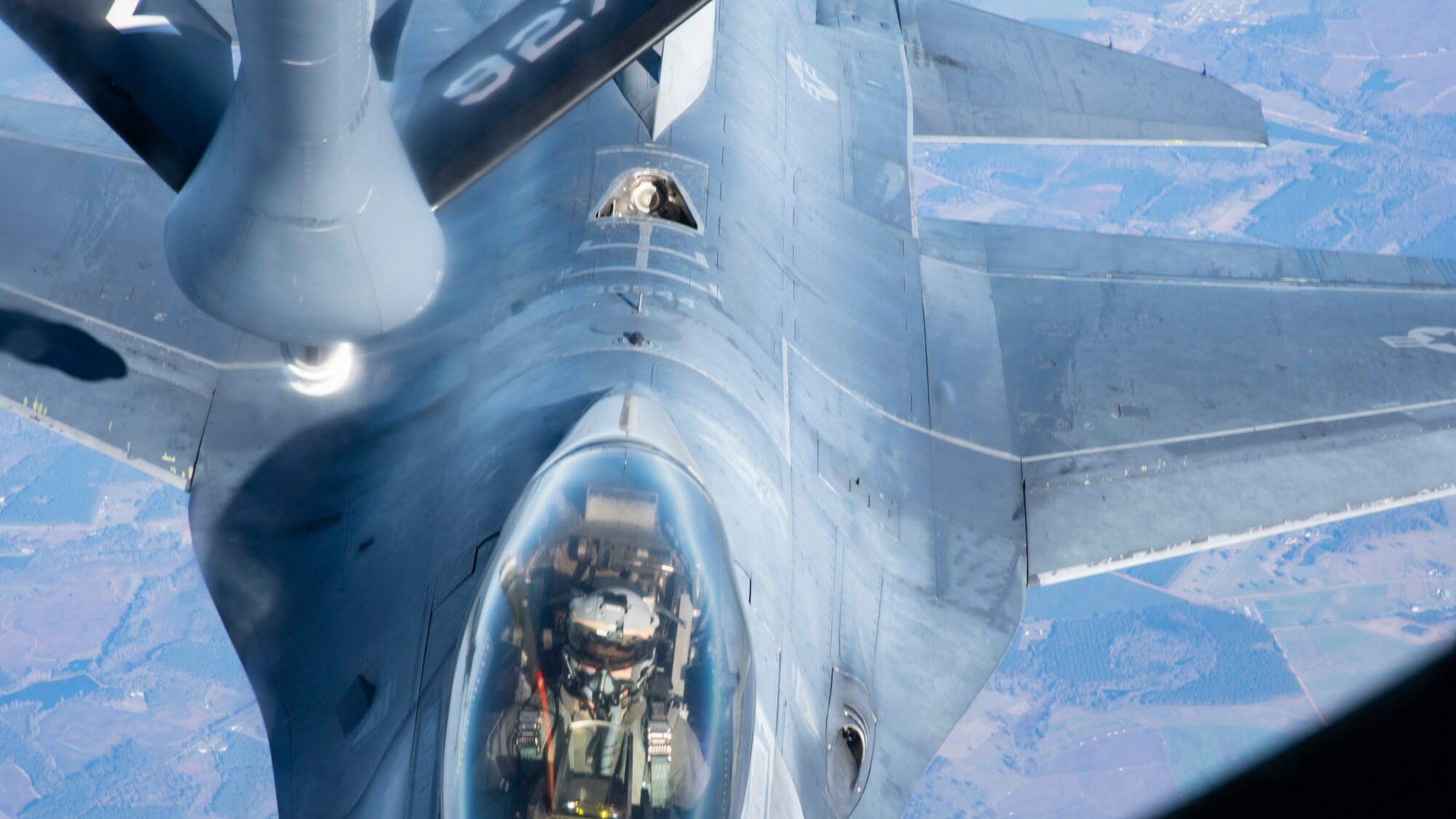 An F-16 Fighting Falcon aircraft assigned to Shaw Air Force Base (AFB), South Carolina, approaches a KC-135 Stratotanker from MacDill AFB, Fla., for air refueling support Dec. 1, 2020.