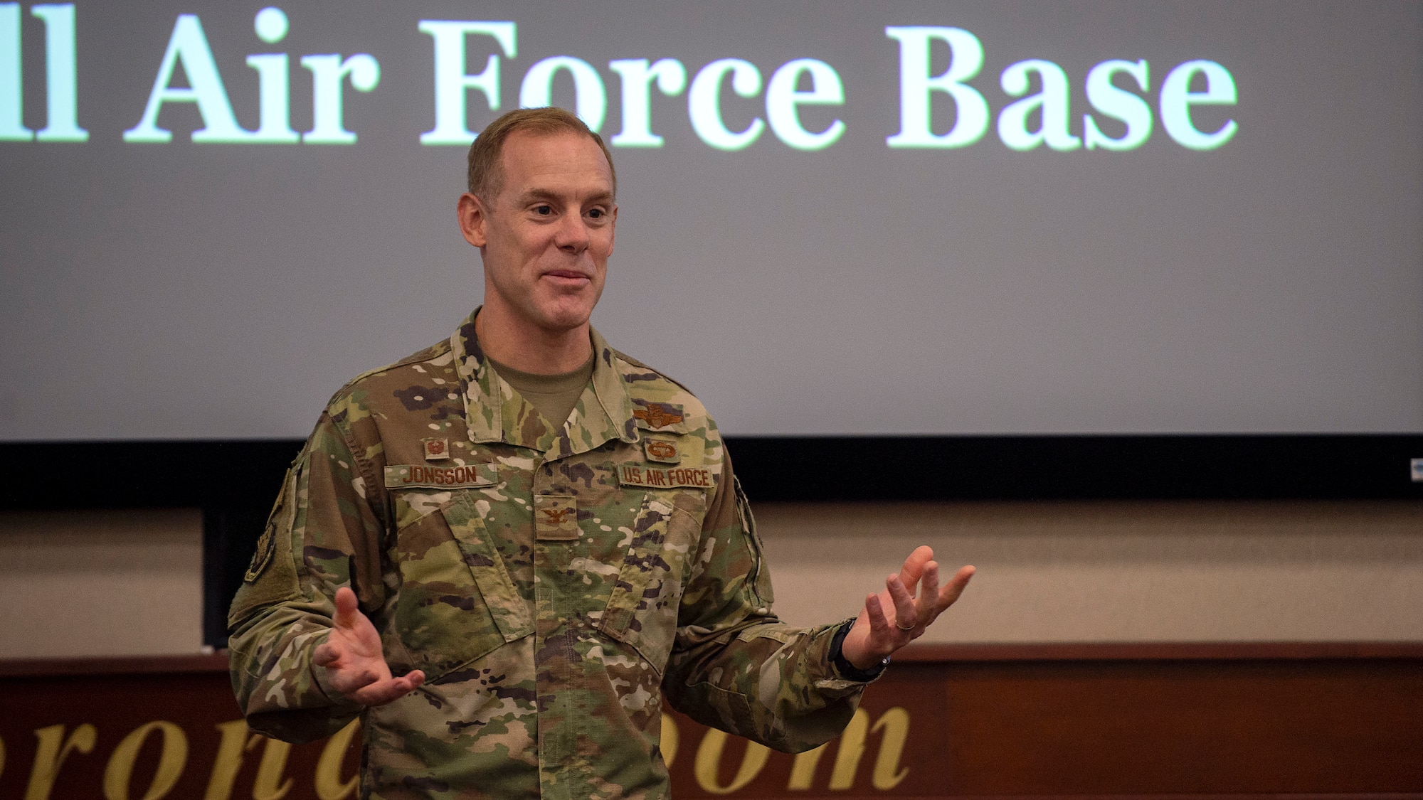 U.S. Air Force Col. Benjamin Jonsson, the 6th Air Refueling Wing commander, addresses Air Mobility Command (AMC) Phoenix Cyber 2020 attendees at MacDill Air Force Base, Fla., Dec. 2.