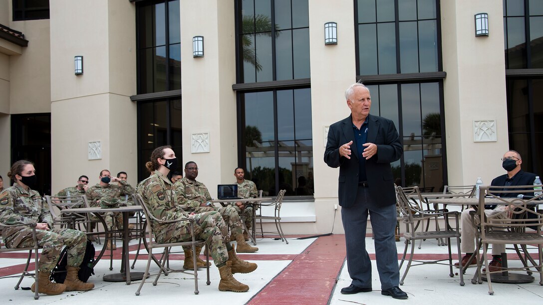 U.S. Air Force Maj. Gen. (Ret.) John Maluda speaks to Air Mobility Command (AMC) Phoenix Cyber 2020 attendees at MacDill Air Force Base, Fla., Dec. 3.