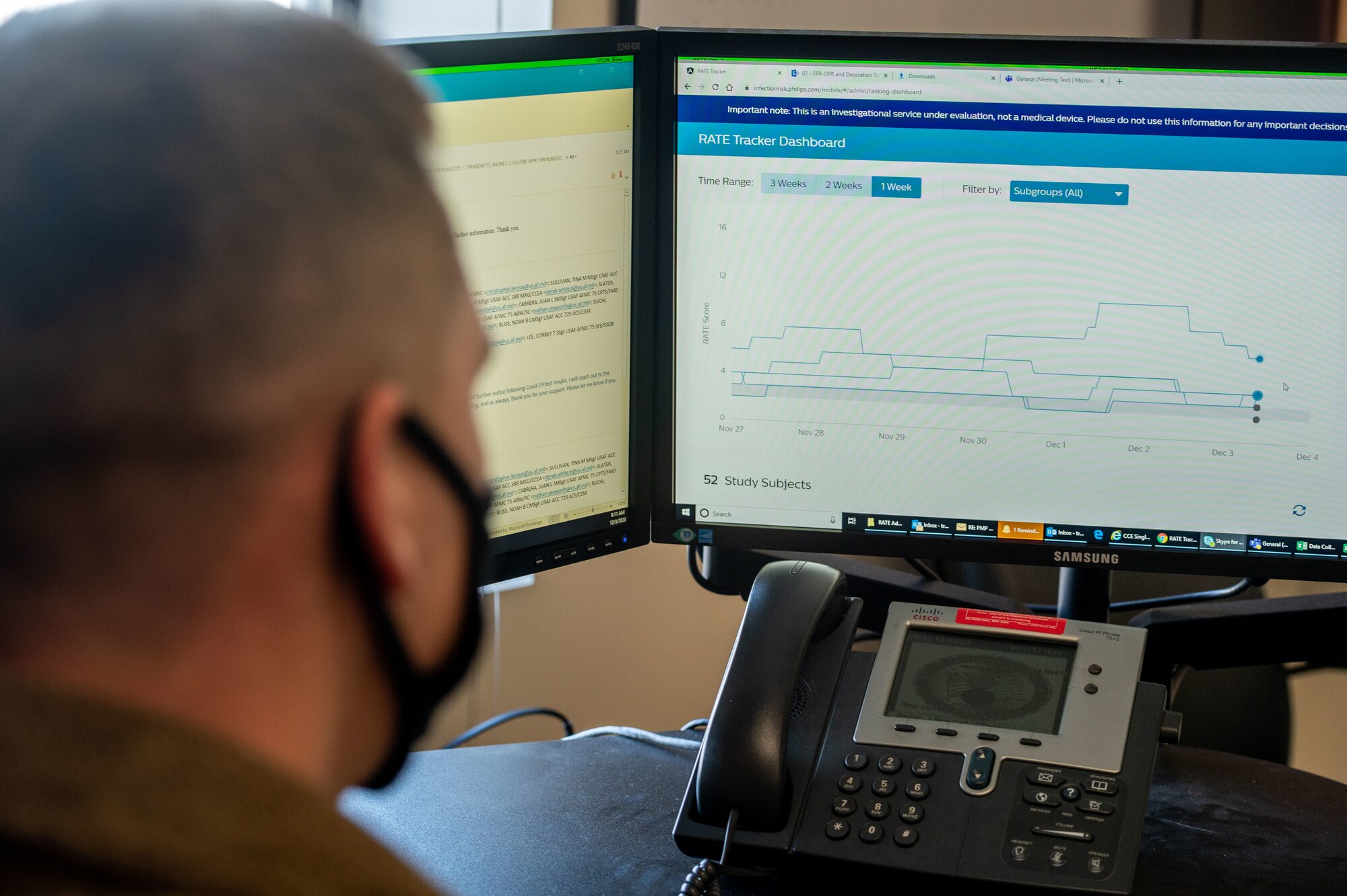 2nd Lt. Trey Bell, 649th Munitions Squadron, checks the Rapid Analysis of Threat Exposure data collected from the squadrons' smart watches Dec. 3, 2020, at Hill Air Force Base, Utah. Airmen from 649th MUNS are wearing watches and rings for a study with the Defense Innovation Unit that will allow detection of illnesses such as COVID-19 within 48-hours. (U.S. Air Force photo by Cynthia Griggs)