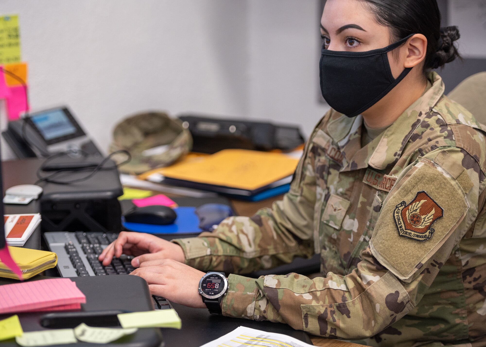 Airman Katiha Falcon, 649th Munitions Squadron, wears a smartwatch Dec. 3, 2020, at Hill Air Force Base, Utah. Airmen from 649th MUNS are wearing watches and rings for a study with the Defense Innovation Unit that will allow detection of illnesses such as COVID-19 within 48-hours.  (U.S. Air Force photo by Cynthia Griggs)