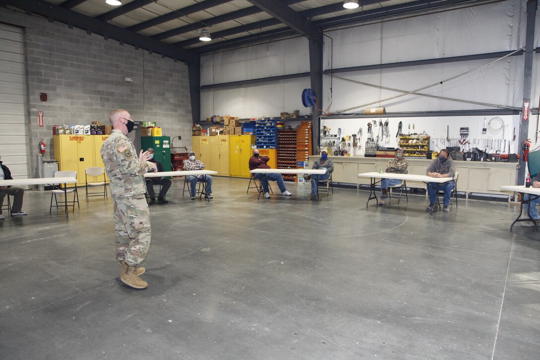 Col. Bill Hannan, commander, Kansas City District, USACE, addressed the team during the awards presentations at the Missouri River Area Office in Napoleon, Mo. Significant overtime including weekend work went into the district response to Missouri River areas of concern. Whether providing surveys from a work boat, moving and dropping rock to repair river structures or providing all the support needed to make those efforts along with contracted efforts work to mitigate the channel restrictions experienced by our commercial navigation partners, this team worked hard from July to the end of November 2020. Photo by Jennie Wilson, Visual Information Specialist, Kansas City District, USACE.