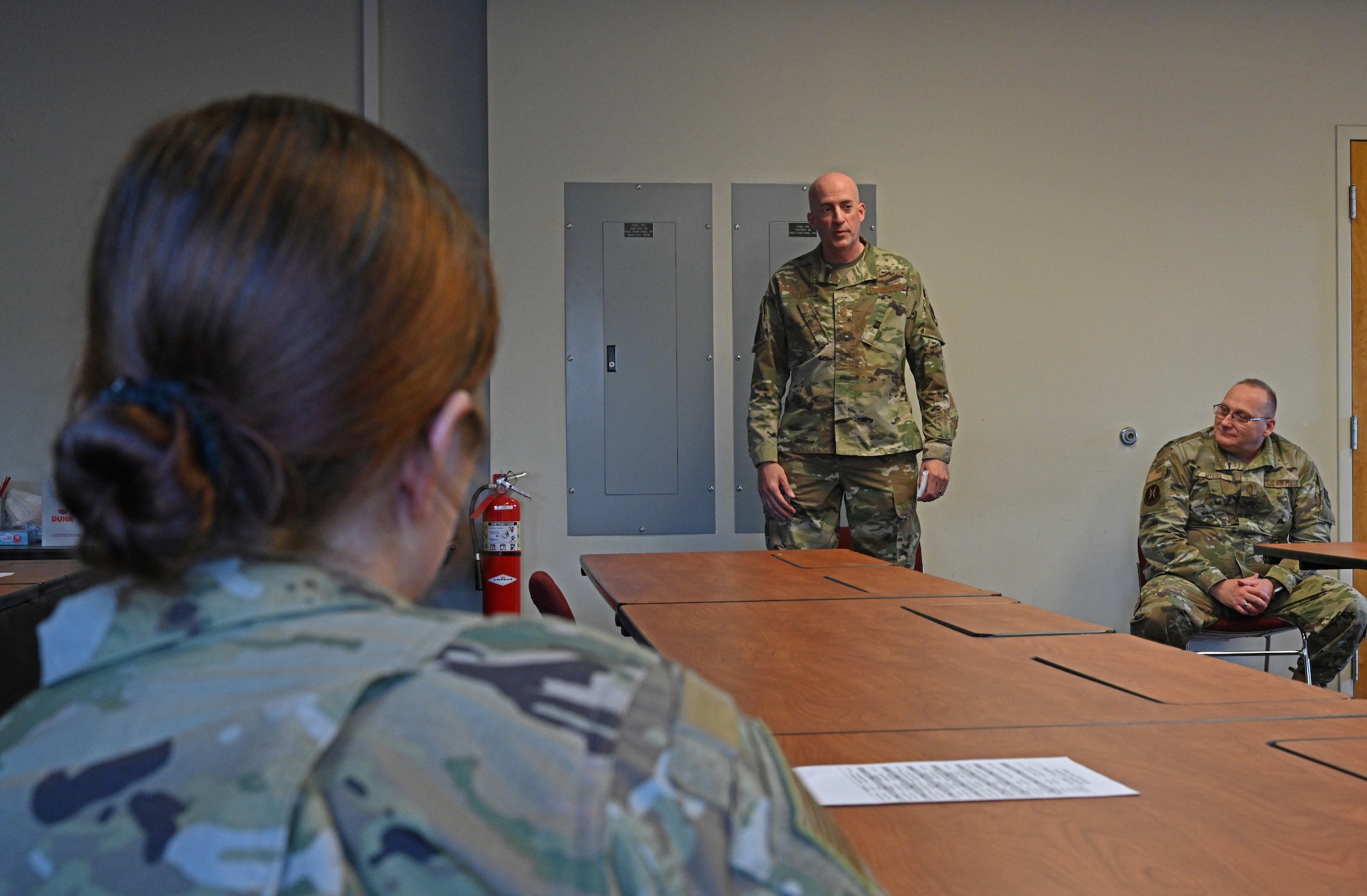 Chief Master Sgt. James Bottorff, 175th Mission Support Group superintendent, talks to Airmen during the 175th Wing's first additional duty first sergeant's symposium at Warfield Air National Guard Base at Martin State Airport, Middle River, Md., Dec. 2, 2020.
