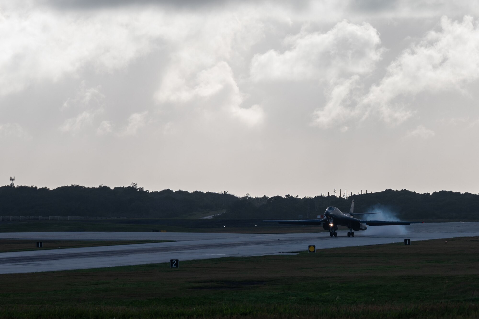 A U.S. Air Force B-1B Lancer from Ellsworth Air Force Base, S.D., lands on the flightline at Andersen Air Force Base, Guam, for a Bomber Task Force deployment, Dec. 5, 2020. BTF supports Pacific Air Forces’ strategic deterrence mission and its commitment to the security and stability of the Indo-Pacific region. (U.S. Air Force photo by Senior Airman Tristan Day)