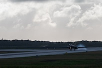 A U.S. Air Force B-1B Lancer from Ellsworth Air Force Base, S.D., lands on the flightline at Andersen Air Force Base, Guam, for a Bomber Task Force deployment, Dec. 12, 2020. BTF supports Pacific Air Forces’ strategic deterrence mission and its commitment to the security and stability of the Indo-Pacific region. (U.S. Air Force photo by Senior Airman Tristan Day)