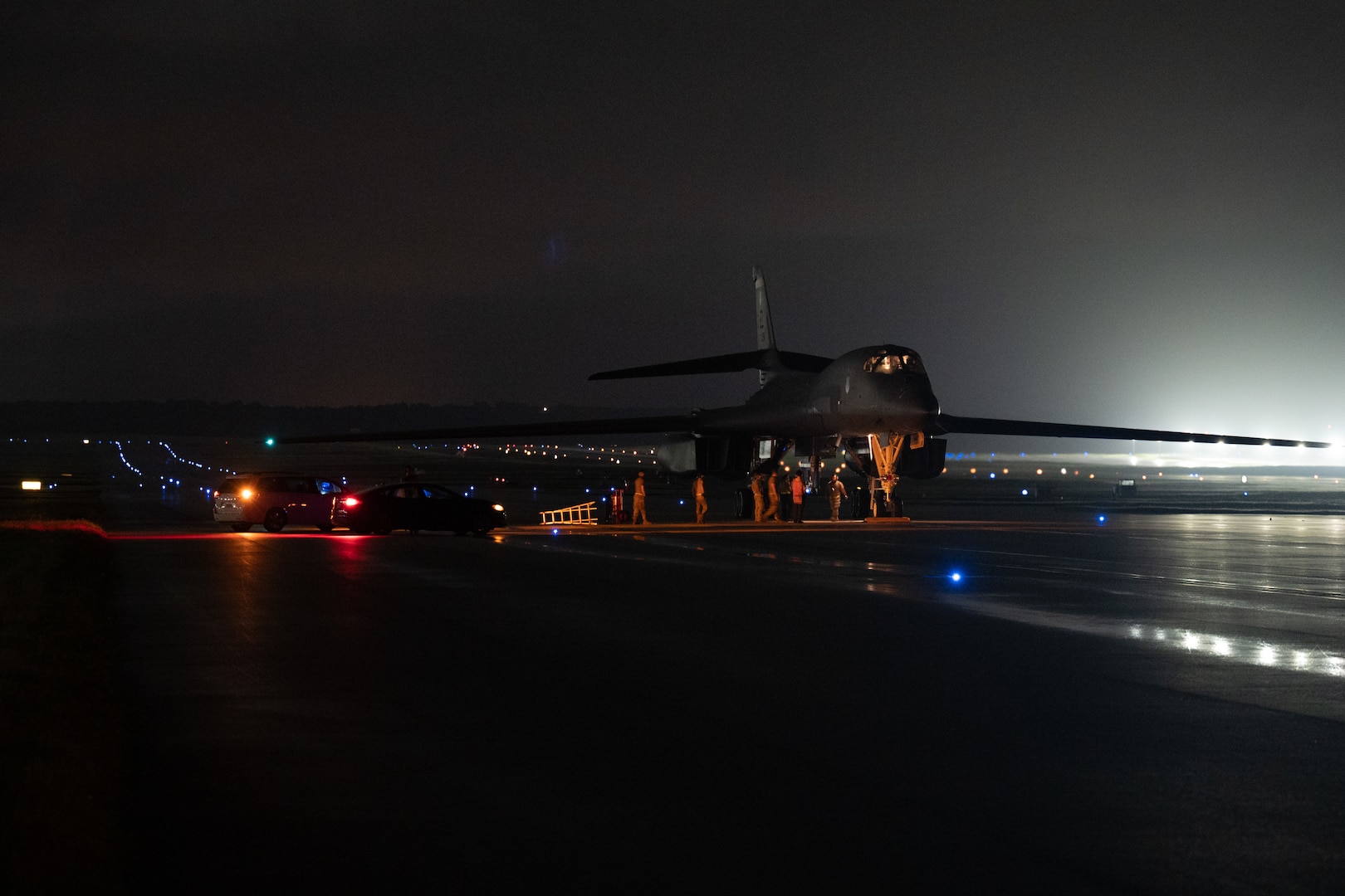 Maintainers deployed for Bomber Task Force operations conduct an inspection on a U.S. Air Force B-1B Lancer at Andersen Air Force Base, Guam, Dec. 12, 2020. The B-1B Lancer is capable of delivering massive quantities of precision and non-precision munitions against any adversary, anywhere in the world at any time. (U.S. Air Force photo by Senior Airman Tristan Day)