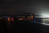 Maintainers deployed for Bomber Task Force operations conduct an inspection on a U.S. Air Force B-1B Lancer at Andersen Air Force Base, Guam, Dec. 12, 2020. The B-1B Lancer is capable of delivering massive quantities of precision and non-precision munitions against any adversary, anywhere in the world at any time. (U.S. Air Force photo by Senior Airman Tristan Day)