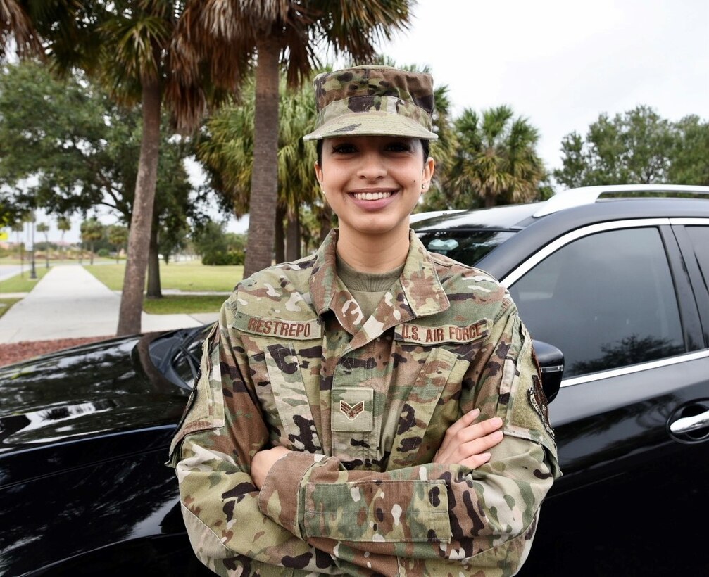 Senior Airman Pamela Restrepo, an aeromedical evacuation technician with the 927th Air Refueling Wing, MacDill Air Force Base, Florida stands near a crosswalk on Bayshore Boulevard December 5, 2020.  One month earlier, on her way home from drill, Restrepo stopped to aid a boy who was struck by a car. “Being a medic, I am on duty 24/7; it comes to use anytime, anyplace not just while I am at work,” said Restrepo.  (U.S. Air Force photo by Senior Airman Tiffany Emery)