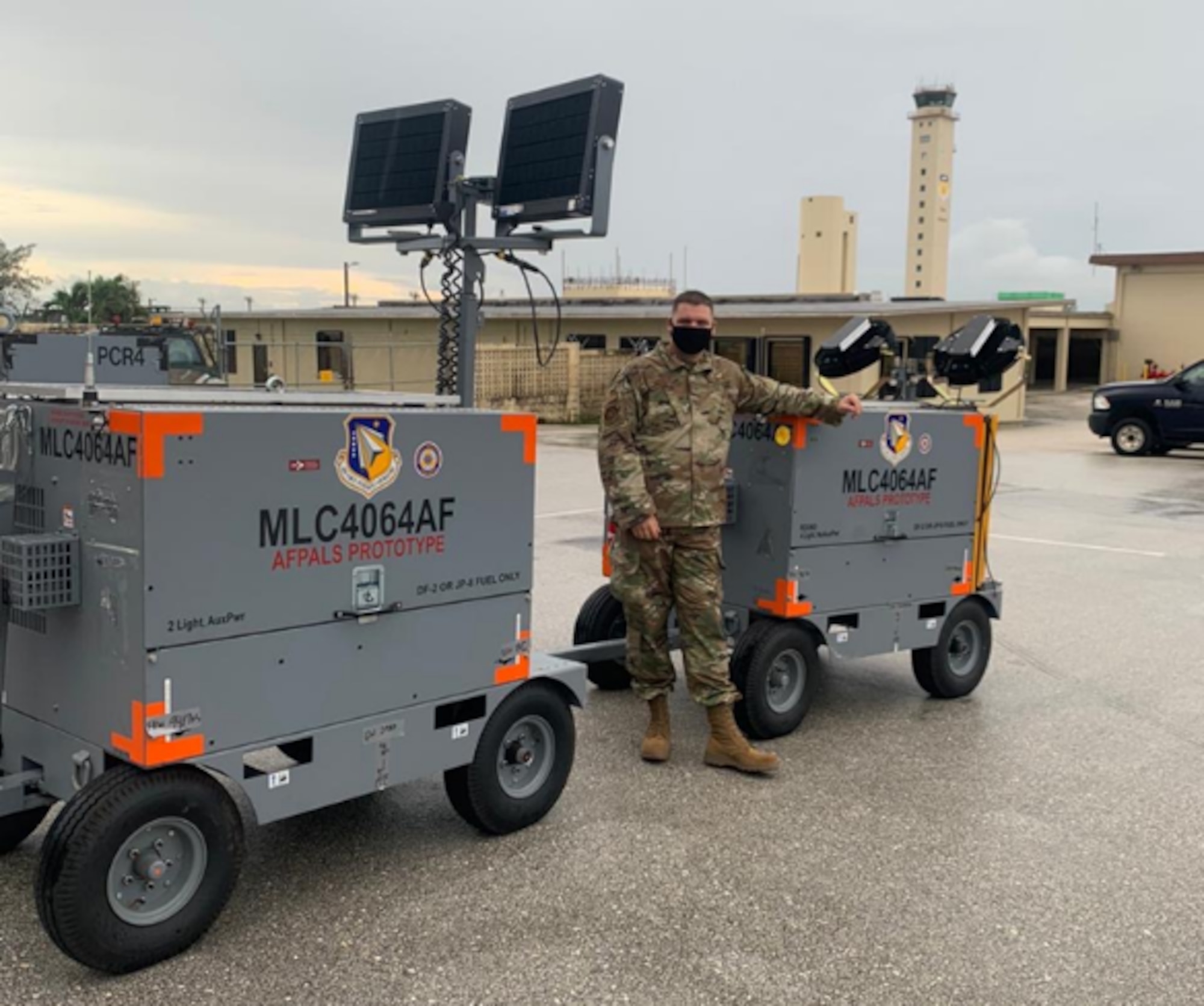 Staff Sgt. Ryan Merritt, 36th Maintenance Squadron, with the Advanced Flightline Power and Lighting System (AFPALS) hybrid light cart prototype is shown in his role as the equipment custodian and evaluator during PACOM Valiant Shield 2020. (Courtesy photo)