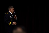 U.S. Army Reserve Maj. Gen. Mark W. Palzer, commanding general of the 99th Readiness Division, speaks to a crowd during the promotion ceremony of Brig. Gen. Kevin Meisler during a ceremony held at Joint Base San Antonio-Fort Sam Houston Dec. 5, 2020.