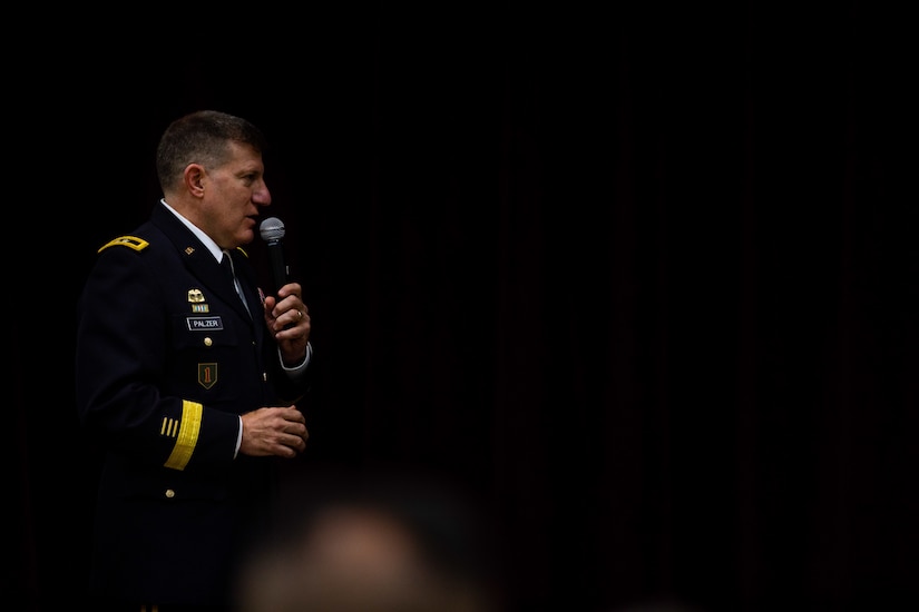 U.S. Army Reserve Maj. Gen. Mark W. Palzer, commanding general of the 99th Readiness Division, speaks to a crowd during the promotion ceremony of Brig. Gen. Kevin Meisler during a ceremony held at Joint Base San Antonio-Fort Sam Houston Dec. 5, 2020.