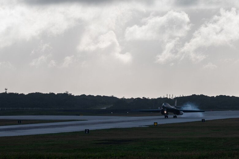 A U.S. Air Force B-1B Lancer from Ellsworth Air Force Base, S.D., lands on the flightline at Andersen Air Force Base, Guam, for a Bomber Task Force deployment, Dec. 5, 2020. BTF supports Pacific Air Forces’ strategic deterrence mission and its commitment to the security and stability of the Indo-Pacific region. (U.S. Air Force photo by Senior Airman Tristan Day)