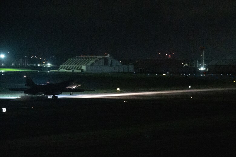 A U.S. Air Force B-1B Lancer from Ellsworth Air Force Base, S.D., lands on the flightline at Andersen Air Force Base, Guam, for Bomber Task Force operations Dec. 4, 2020. BTF supports Pacific Air Forces’ strategic deterrence mission and its commitment to the security and stability of the Indo-Pacific region. (U.S. Air Force photo by Senior Airman Tristan Day)