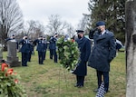 Brig. Gen. Michael Bank, the assistant adjutant general – air for New York state, Chief Master Sgt. Jeffrey Trottier and other members of the New York Air National Guard salute the resting place of former President Martin Van Buren during a ceremony commemorating his birthday at the Kinderhook Reformed Church Cemetery in Kinderhook, New York. Van Buren was the eighth president of the United States and a native of Kinderhook.