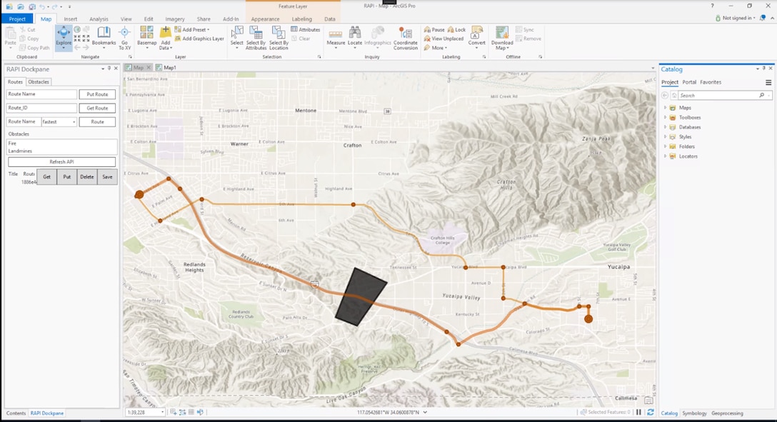 This image shows an Esri-developed prototype implementation of the Army Geospatial Center's Routing Application Programming Interface (RAPI) . RAPI will let Army systems access and share routes and obstacles in a simple, interoperable way.  Image generated using Esri's ArcGIS Pro software.