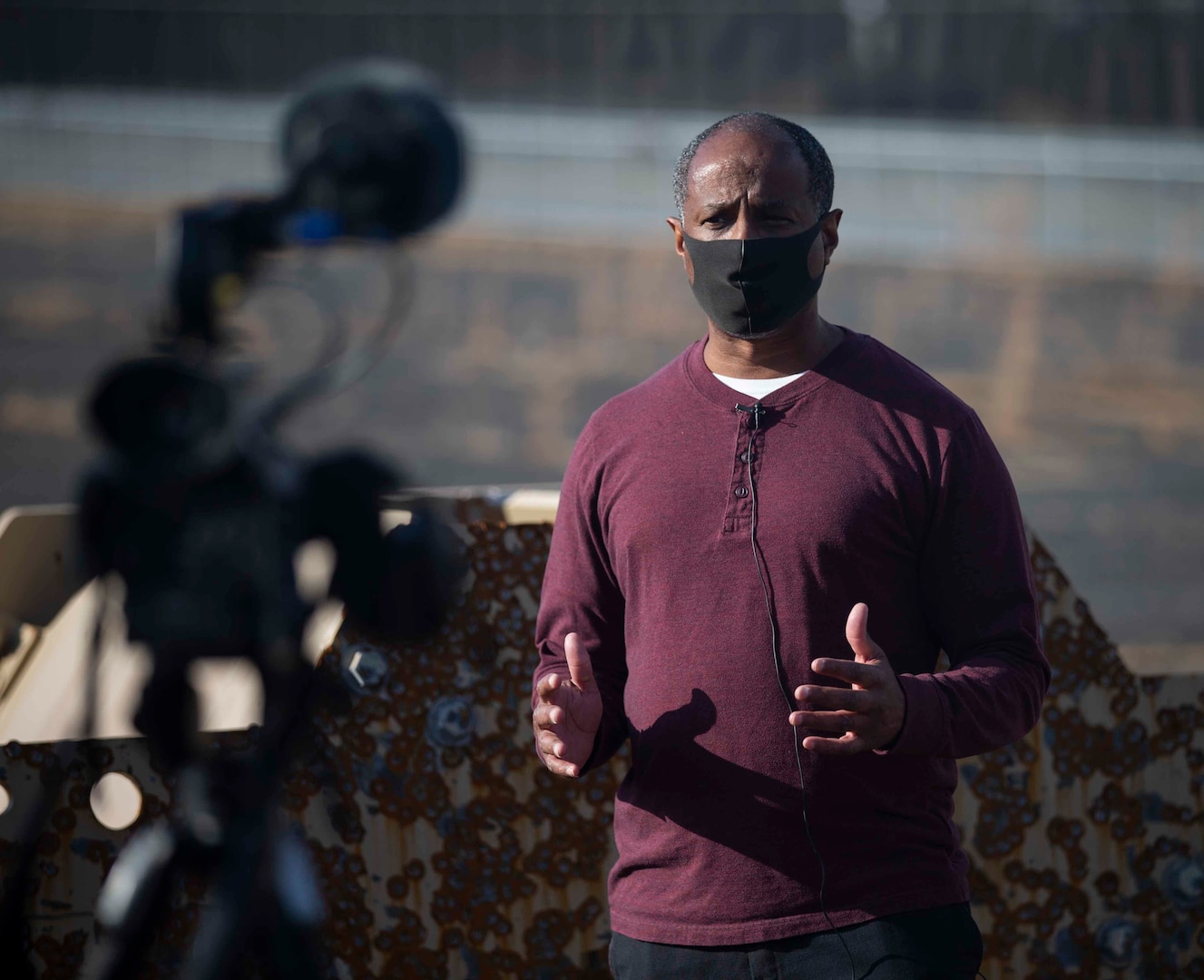 Monte Powell, the physical security specialist at Combined Arms Training Center (CATC) Camp Fuji, provides an interview on CATC Camp Fuji, Japan, Dec. 1, 2020. Security is a priority of every Marine Corps installation and an opportunity for Marines and Japanese personnel to increase interoperability and strengthen relationships.