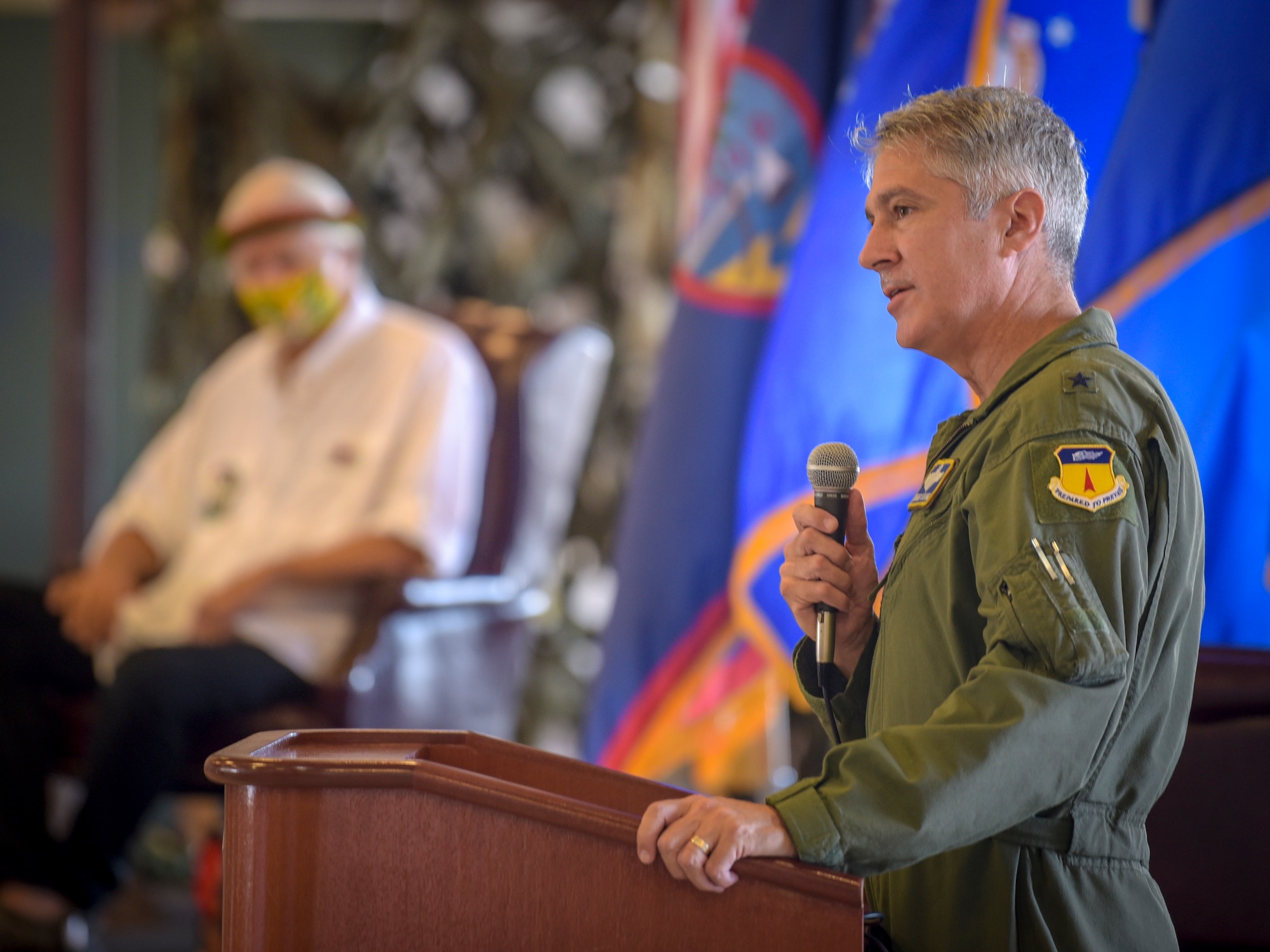 Brig. Gen. Jeremy Sloane, 36th Wing commander, speaks at the Operation Christmas Drop “Push” Ceremony at Andersen Air Force Base, Guam, Dec. 7, 2020.