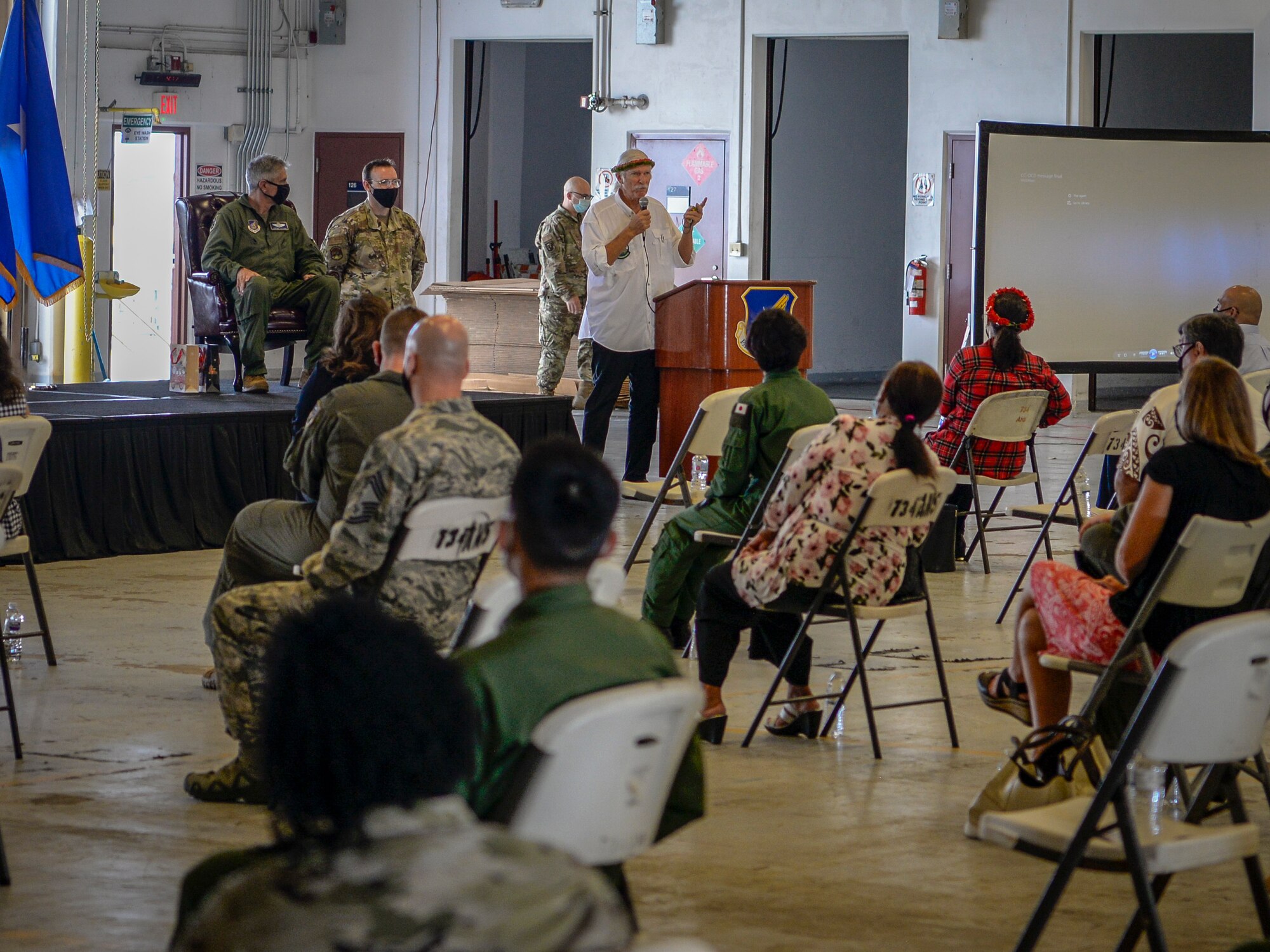 Bruce Best, telecommunication specialist to Micronesia, speaks at the Operation Christmas Drop “Push” Ceremony at Andersen Air Force Base, Guam, Dec. 7, 2020.
