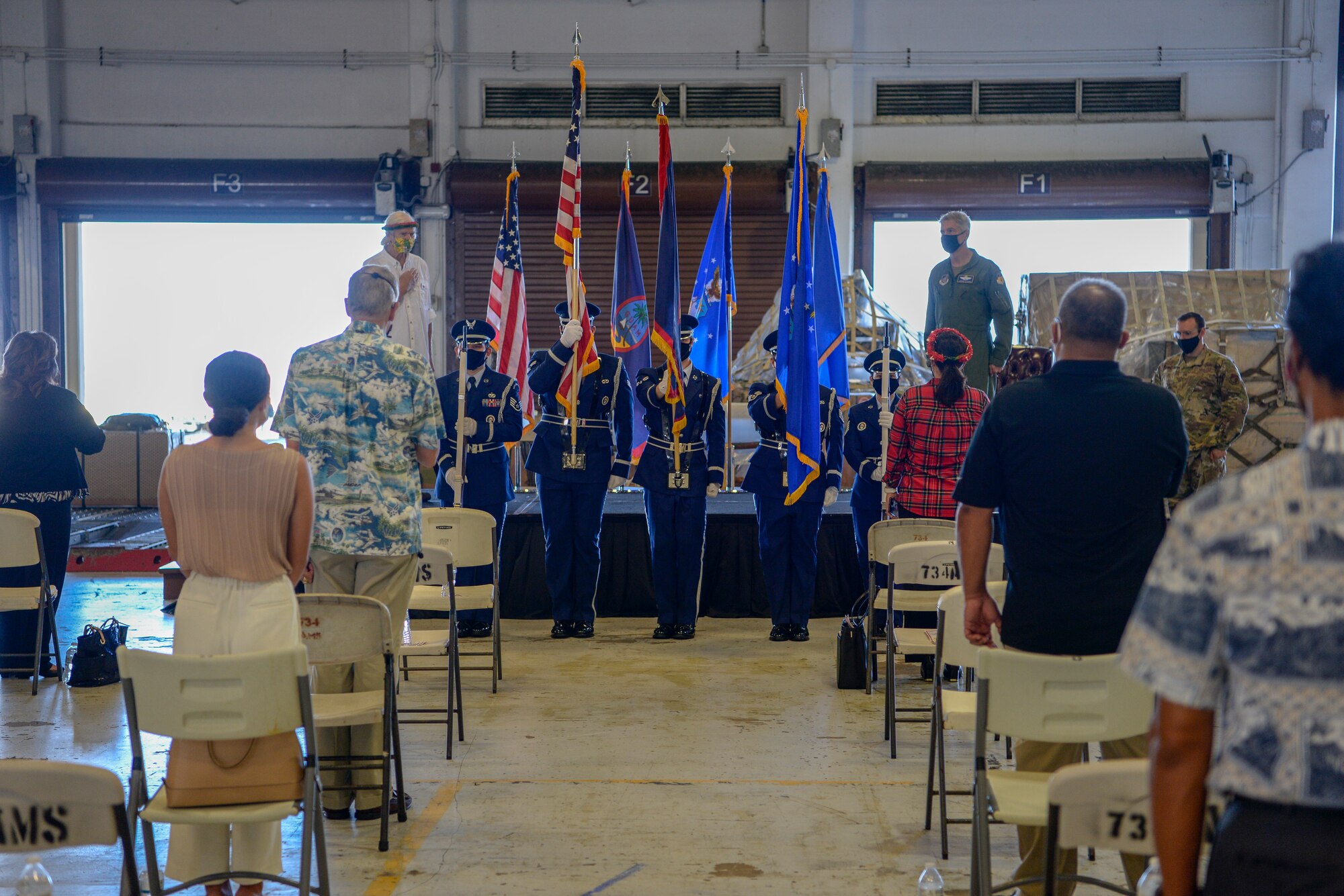 Members of the 36th Wing base honor guard present the colors at the Operation Christmas Drop “Push” Ceremony at Andersen Air Force Base, Guam, Dec. 7, 2020.