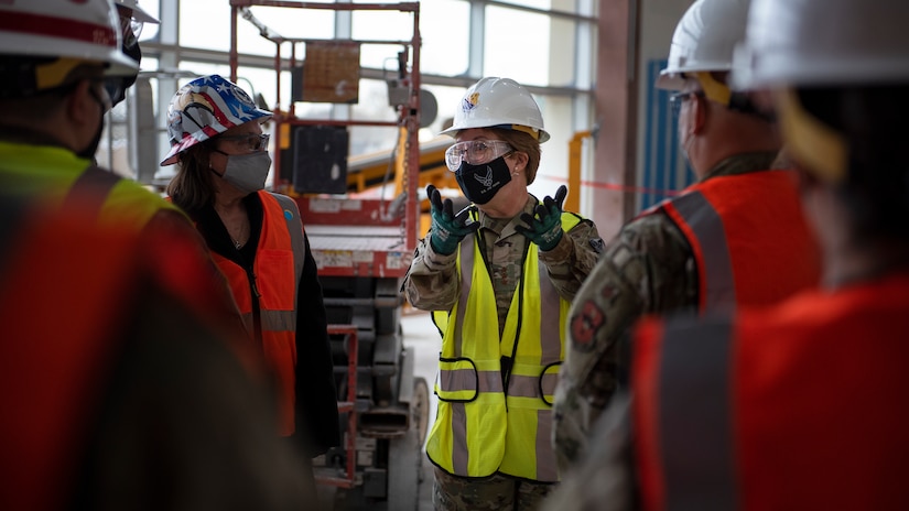 Lt. General Dorothy Hogg, Air Force Surgeon General, talks to fellow tour members during a tour of the, still being constructed, new medical facility at Sheppard Air Force Base, Texas, Dec. 2, 2020. The new treatment facility will help the MDG stay on the cutting edge of medical care and allow Sheppard AFB  beneficiaries to continue to receive the best medical care and be ready for anything in the years to come. (U.S. Air Force photo by Senior Airman Pedro Tenorio)
