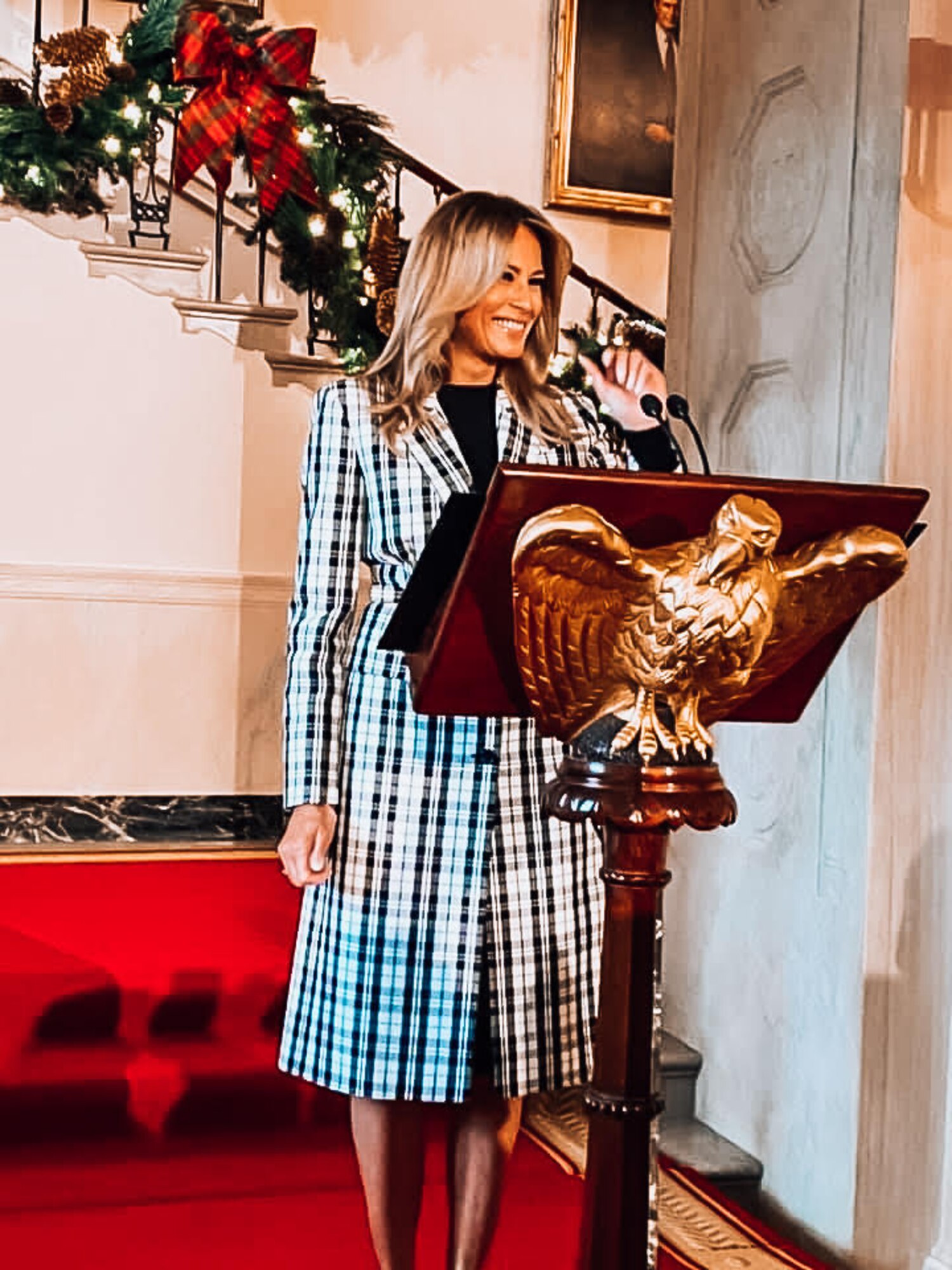 Melania Trump, the first lady, thanks volunteers who helped decorate the White House for Christmas. Brittany Hollander, the wife of Tech. Sgt. Kevin Hollander, a 311th Recruiting Squadron enlisted accessions recruiter, had the chance to help decorate the White House for Christmas.