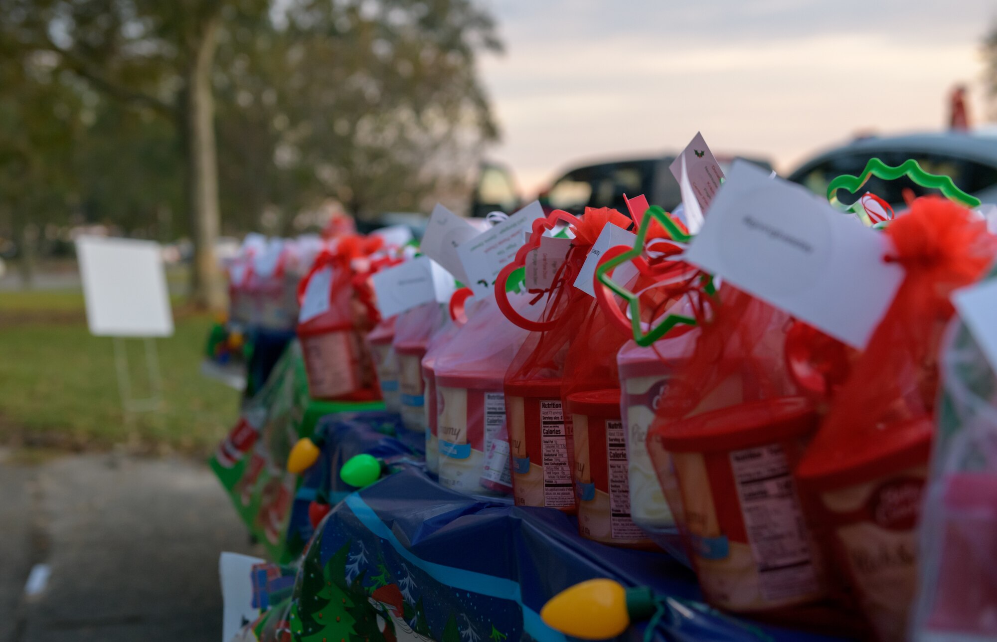 Gifts are on display during Keesler's annual Christmas in the Park drive-thru celebration at Marina Park at Keesler Air Force Base, Mississippi, Dec. 4, 2020. The celebration, hosted by Outdoor Recreation, included light displays, hot chocolate and letters to Santa. (U.S. Air Force photo by Andre' Askew)