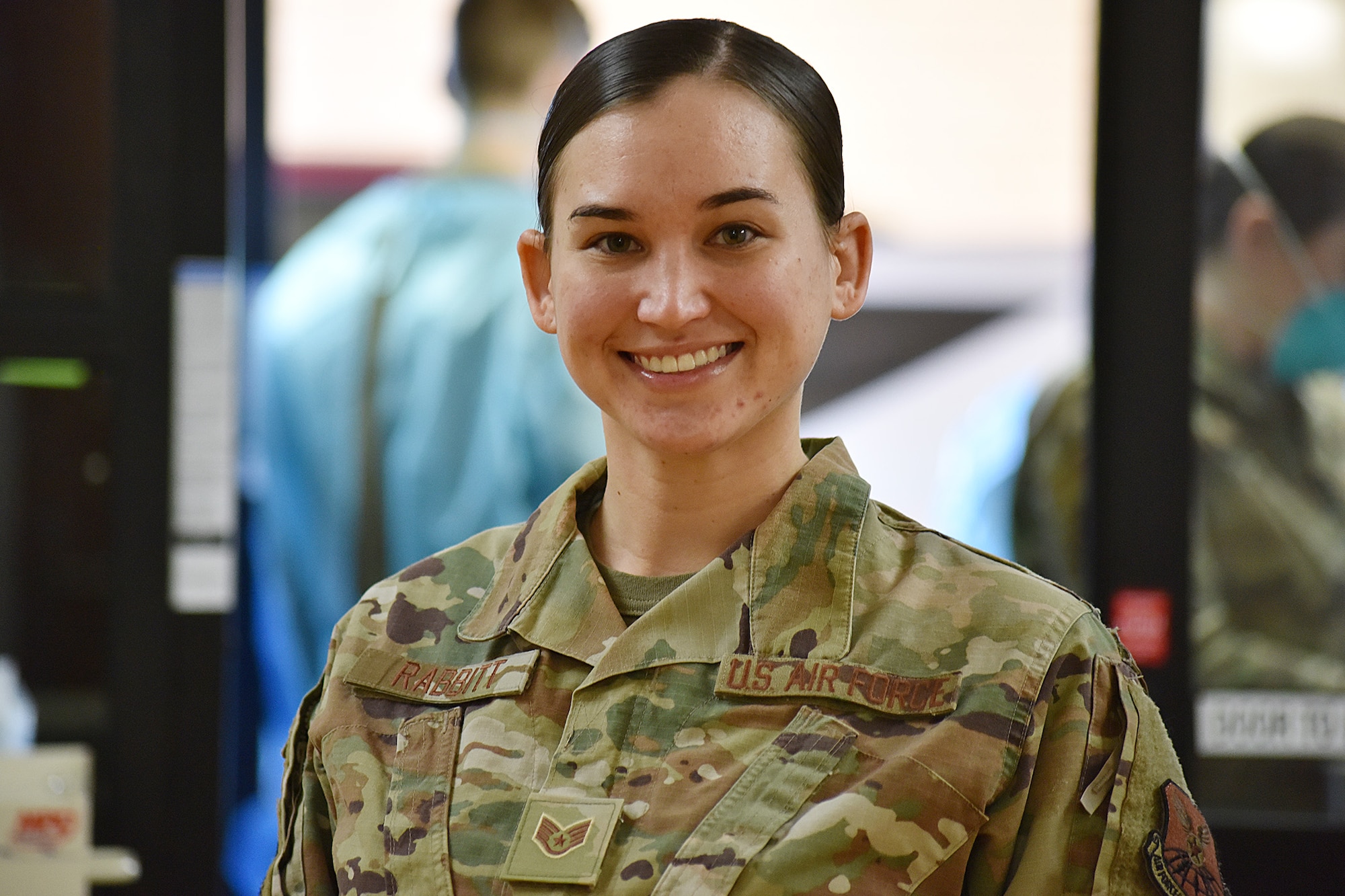 Sgt. Whitney Rabbitt, 341st Operational Medical Readiness Squadron NCO in charge of community health, poses for a photo Dec. 3, 2020, at Malmstrom Air Force Base, Mont. Rabbitt and her team are responsible for testing military personnel for COVID-19 and conducting interviews for contact tracing. (U.S. Air Force photo by Senior Airman Daniel Brosam)