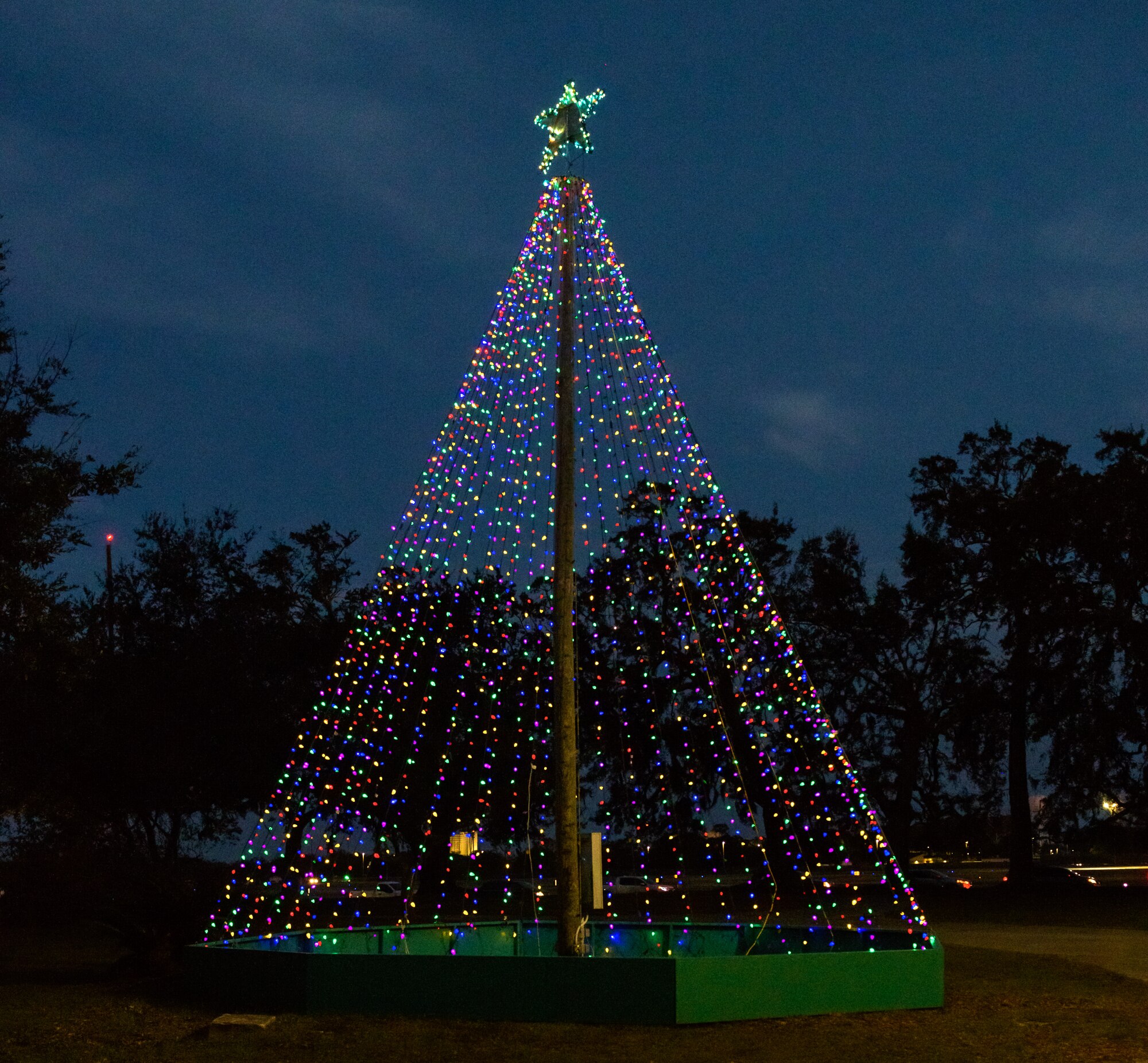A Christmas tree is on display during Keesler's annual Christmas in the Park drive-thru celebration at Marina Park at Keesler Air Force Base, Mississippi, Dec. 4, 2020. The celebration, hosted by Outdoor Recreation, included light displays, hot chocolate and letters to Santa. (U.S. Air Force photo by Andre' Askew)