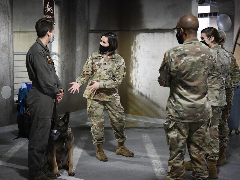 U.S. Marine Corps Cpl. Catherine Vodel (left), Marine Helicopter Squadron One military working dog handler, and U.S. Army Capt. Carli Williams (center), course instructor and veterinarian at Ft. Belvoir, Va., brief 316th Medical Group members on MWD physical exams and vitals during an annual Canine Tactical Combat Casualty Care Course at Malcolm Grow Medical Clinics and Surgery Center at Joint Base Andrews, Md., Nov. 12, 2020.