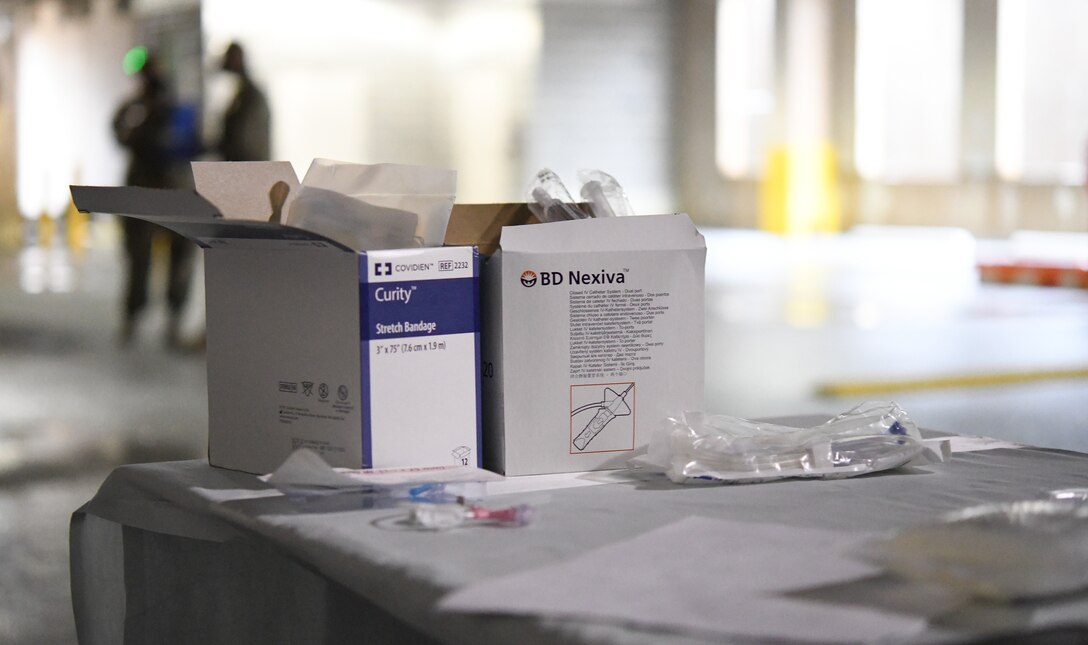 Different types of basic medical supplies sit on the table during the Canine Tactical Combat Casualty Care Course at Malcolm Grow Medical Clinics and Surgery Center at Joint Base Andrews, Md., Nov. 12, 2020.
