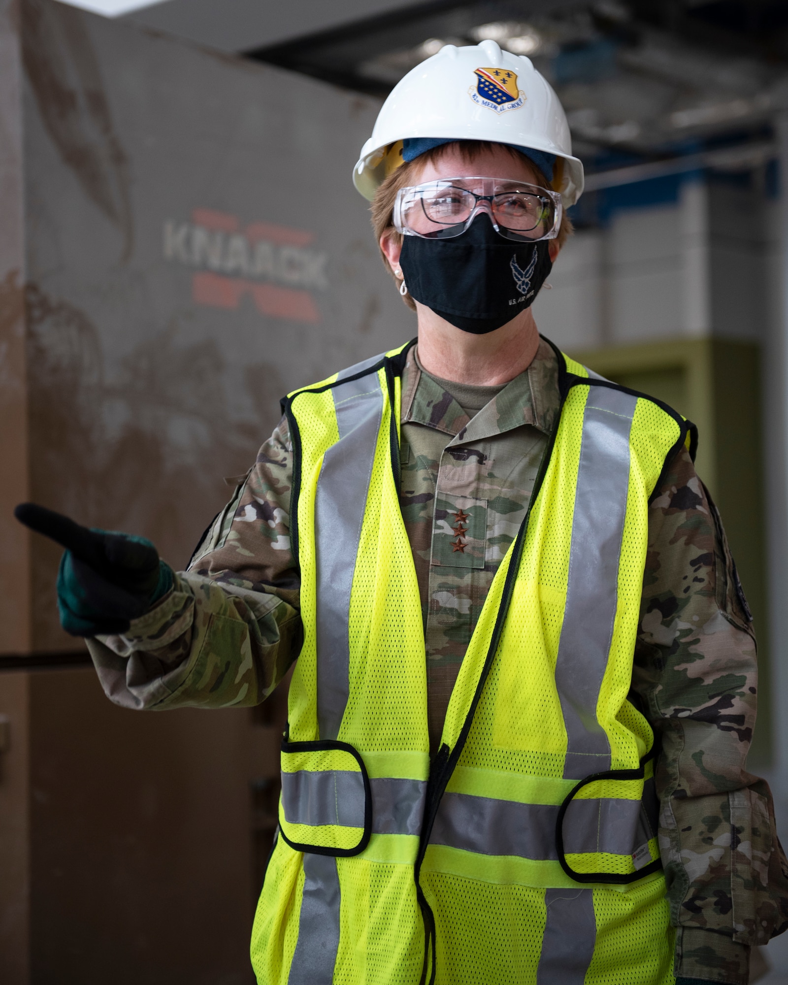 Lt. Gen. Dorothy Hogg, Air Force Surgeon General, laughs while on tour of the new medical facility construction site at Sheppard Air Force Base, Texas, Dec. 2, 2020. Hogg visited Sheppard to check up on the 82nd Medical Group. Even though the 82nd are operating during a critical time and ensuring all of Sheppard’s permanent party and Airmen in Training stay in fighting condition, they still had some time to have some fun and share a few jokes with Hogg. (U.S. Air Force photo by Senior Airman Pedro Tenorio)