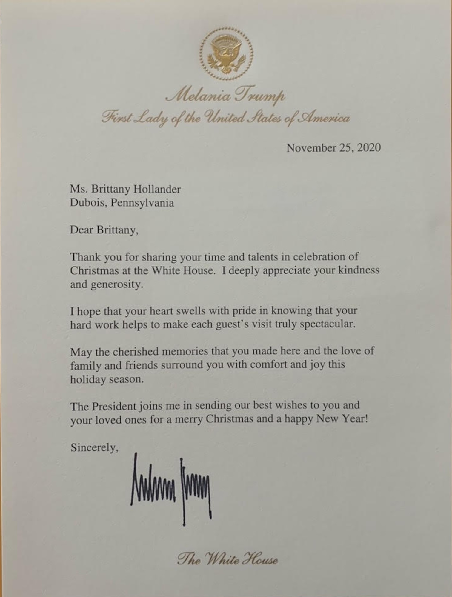 Melania Trump, the first lady, sent a thank you letter to Brittany Hollander for volunteering to help with the White House Christmas decorating project.